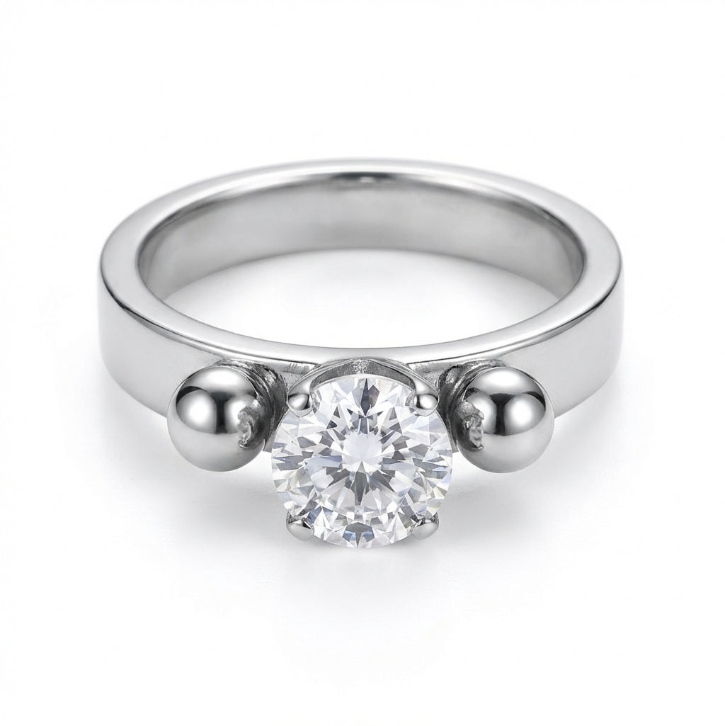 Inel cu piatră centrală și bile laterale Oțel Inoxidabil Argintiu - Hipoalergenic