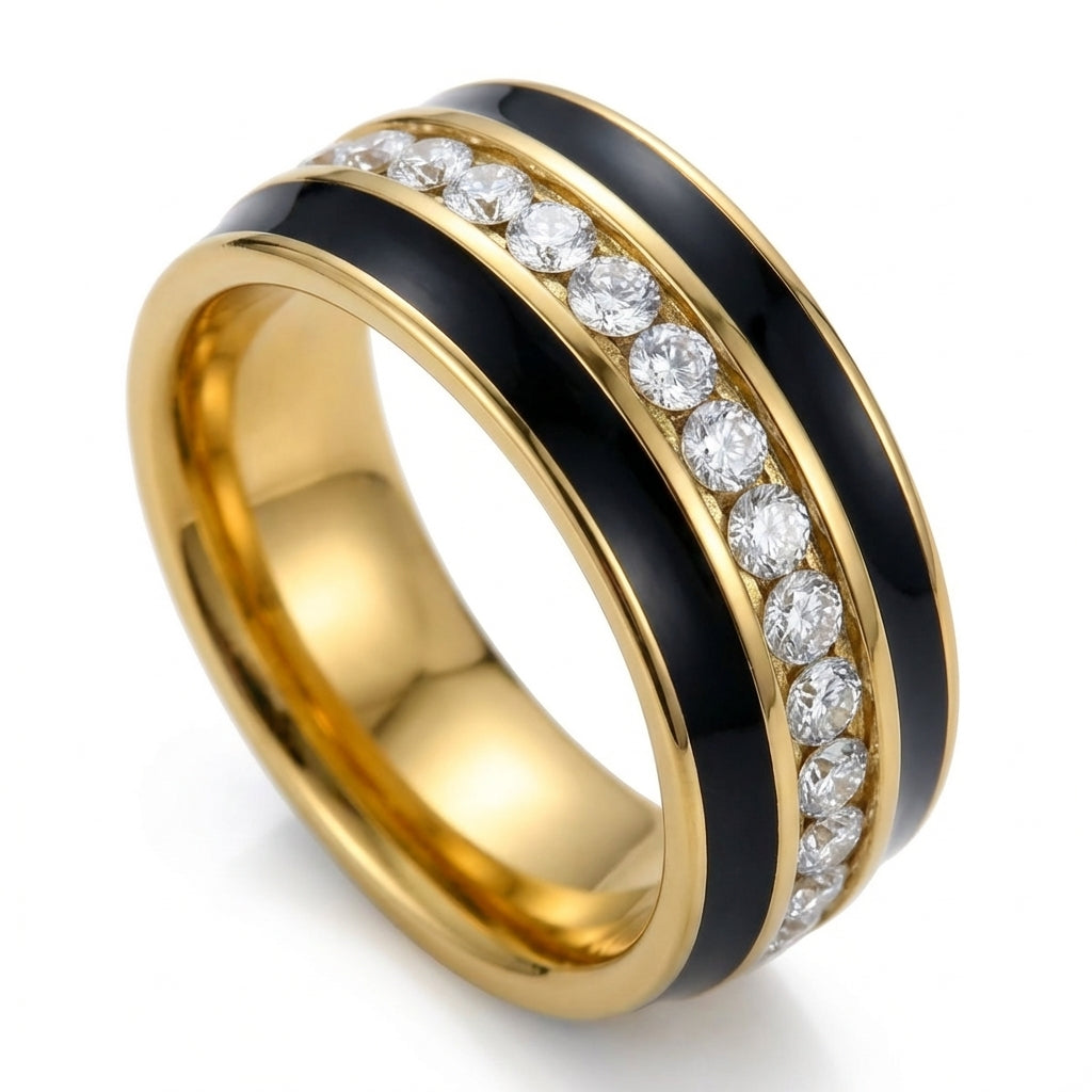 Inel Bandă emailată negru cu Zirconiu Cubic Inox Bicolor Placat Aur 18K PVD - Hipoalergenic - IND1637