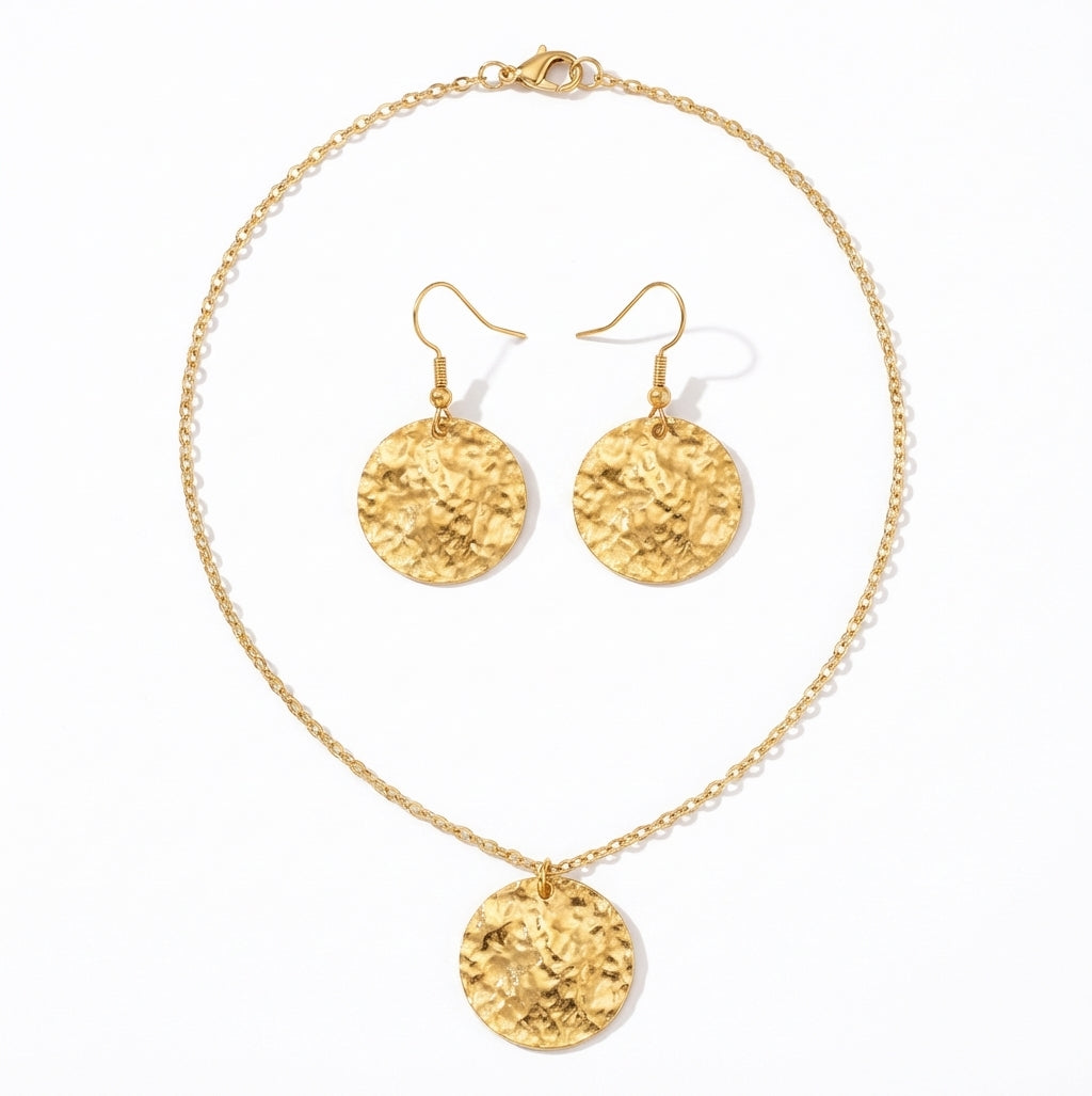Set Lănțișor și Cercei Inox Auriu cu Pandantiv Disc Hammered - Boho Minimalist Oțel Inoxidabil - LPD1409 45 cm - Hipoalergeni