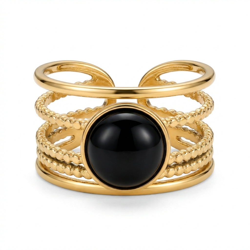 Inel Banda lată, onix negru Oțel Inoxidabil Auriu - Hipoalergenic