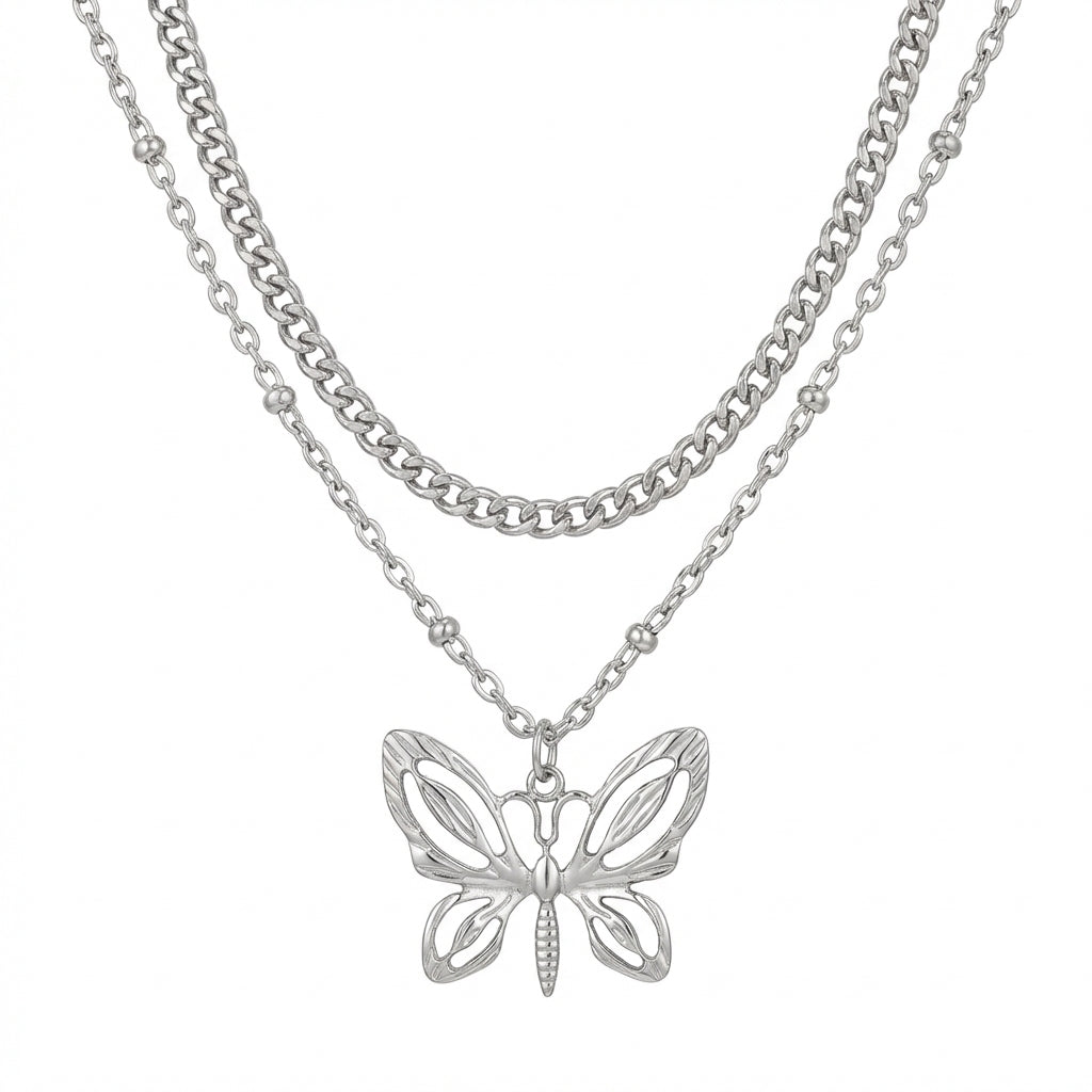 Lănțișor Inox Dublu Argintiu cu Pandantiv Fluture - Statement - Hipoalergenic