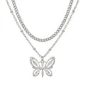 Lănțișor Inox Dublu Argintiu cu Pandantiv Fluture - Statement - Hipoalergenic