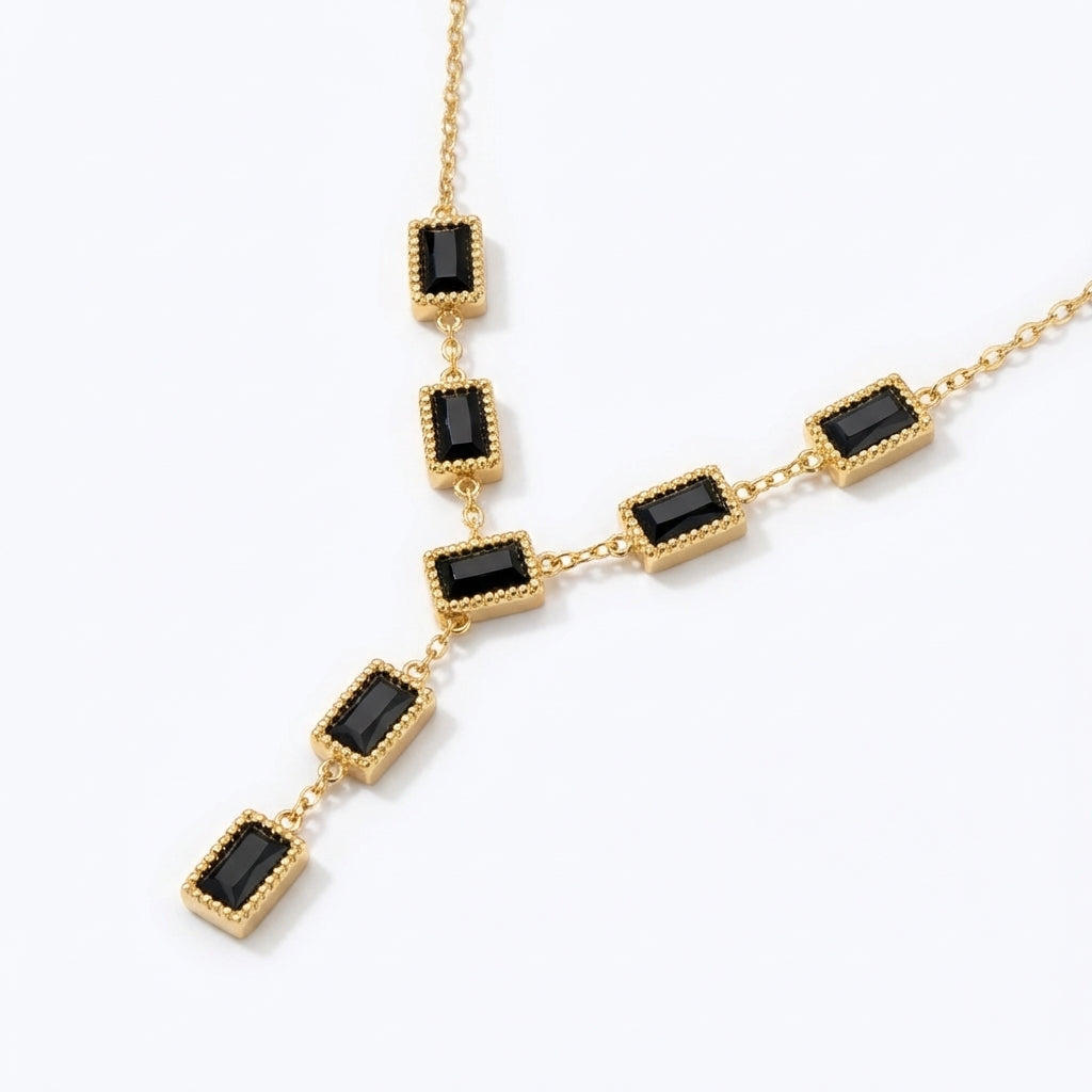 Lănțișor Inox Y-Necklace Auriu cu Pandantiv Onix - Glamour - Hipoalergenic