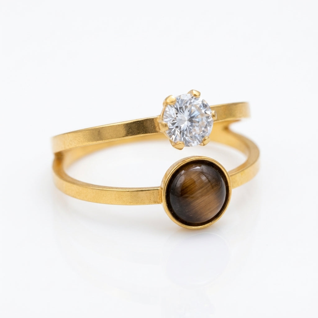 Inel dublu zirconiu Oțel Inoxidabil Auriu - Hipoalergenic