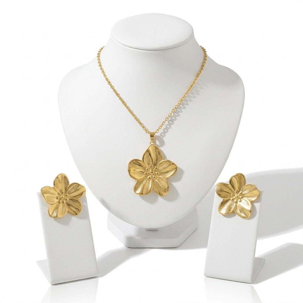 Set Lănțișor Cable cu Pandantiv Floare și Cercei - Boho Inox Placat Aur 18K PVD - LPD1479 - Hipoalergenici