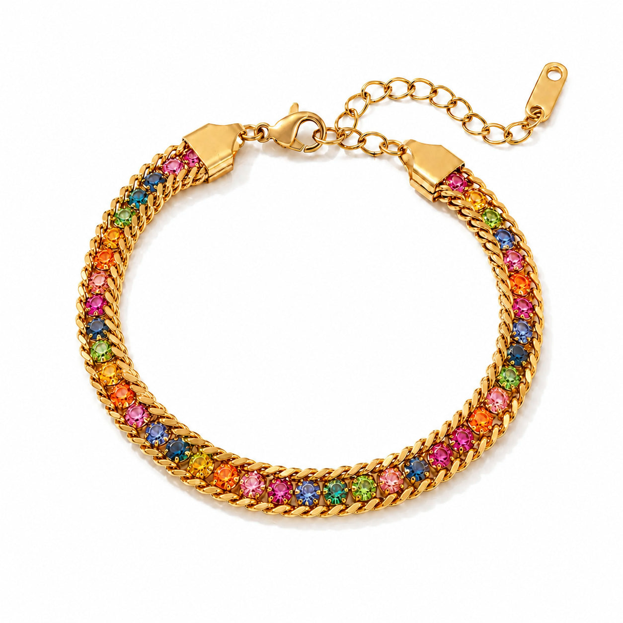 Brățară Zirconii Multicolore Lanț Dublu Oțel Inoxidabil 17.5 cm Placată Aur 18K PVD - BF1028 - Hipoalergenică