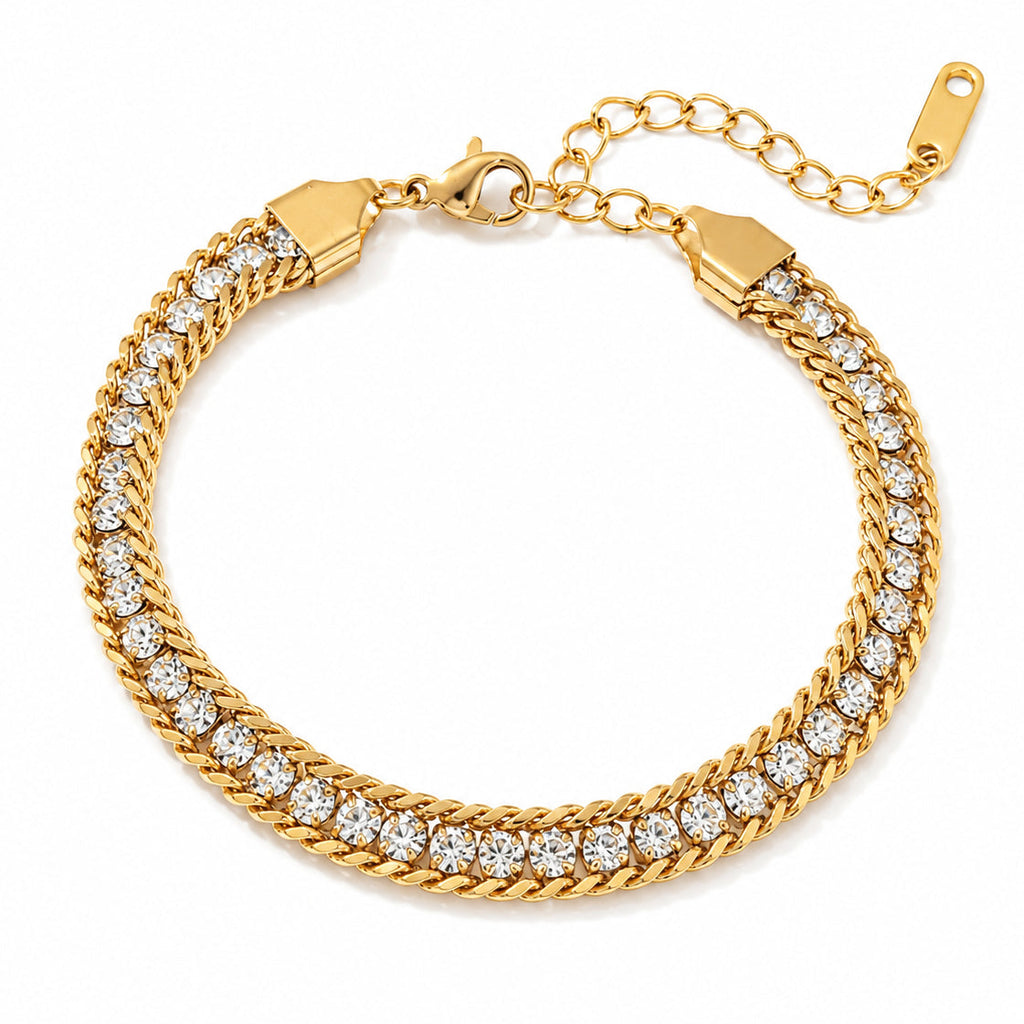 Brățară Tennis Bordată Lanț Răsucit Pietre Strălucitoare Oțel Inoxidabil 17.5+5 cm - BF1029 - Hipoalergenică Placată Aur 18K PVD
