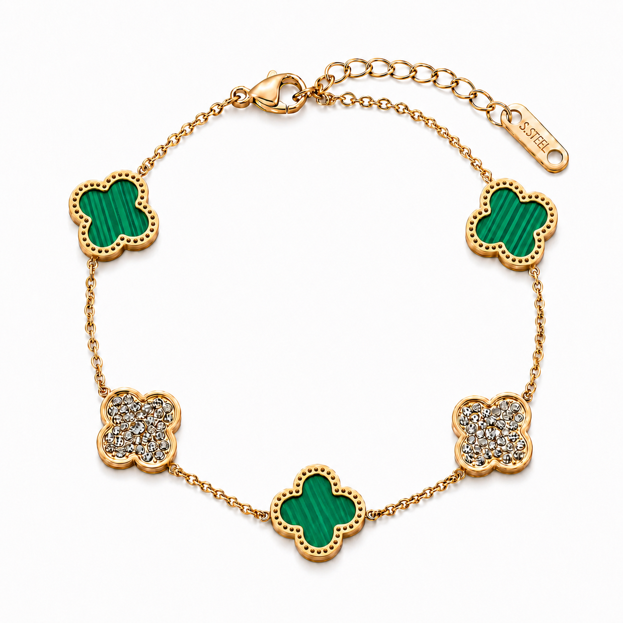 Brățară Trifoi Alhambra cu Email Verde Striat și Zirconii 16.5cm Oțel Inoxidabil Placat Aur 18K PVD - Hipoalergenică - BF1104