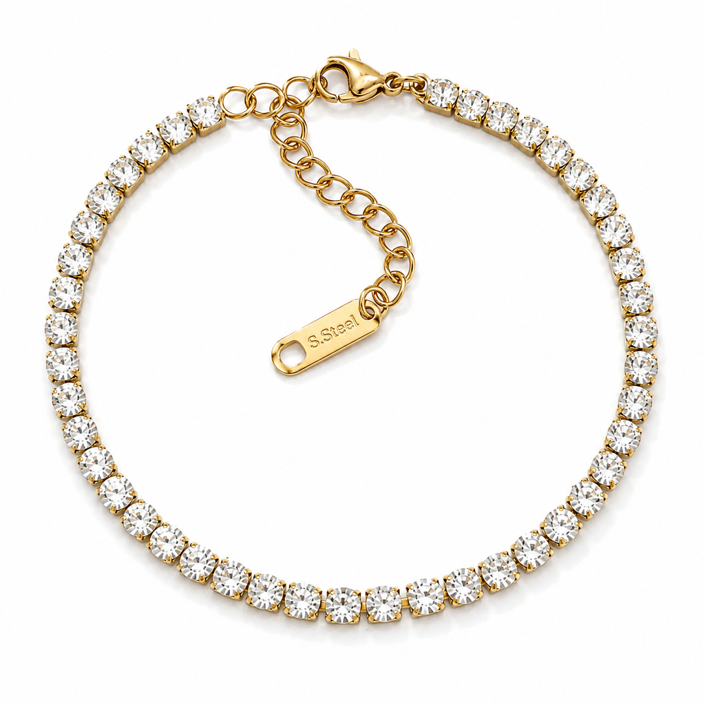 Brățară Tennis 3mm sirag pietre rotunde albe Inox 16 cm Placat Aur 18K PVD - Hipoalergenică - BF1122