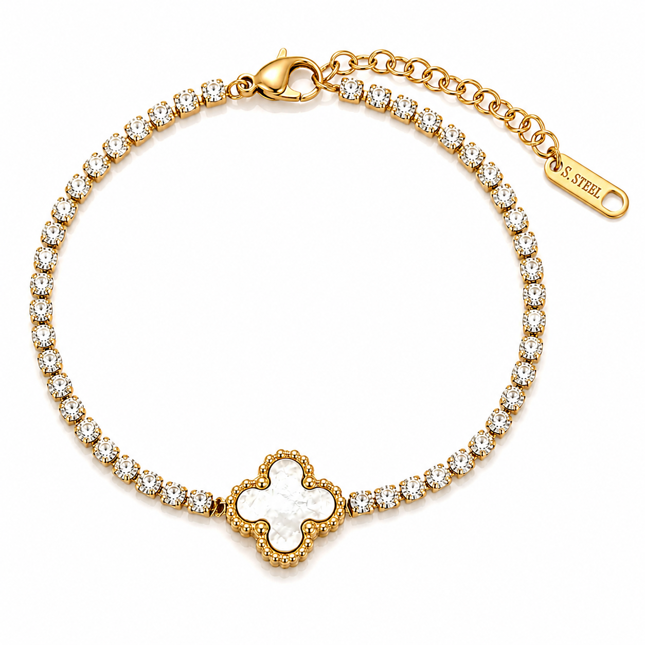 Brățară Tennis 3mm motiv alhambra sidef Oțel Inoxidabil 16 cm Placat Aur 18K PVD - Hipoalergenică - BF1128