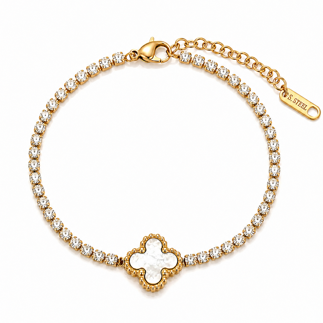 Brățară Tennis 3mm motiv alhambra sidef Oțel Inoxidabil 16 cm Placat Aur 18K PVD - Hipoalergenică - BF1128