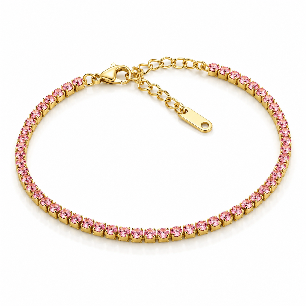 Brățară Tennis 3mm șirag pietre roz Oțel Inoxidabil 16.5 cm Placat Aur Roz 18K PVD - Hipoalergenică - BF1141