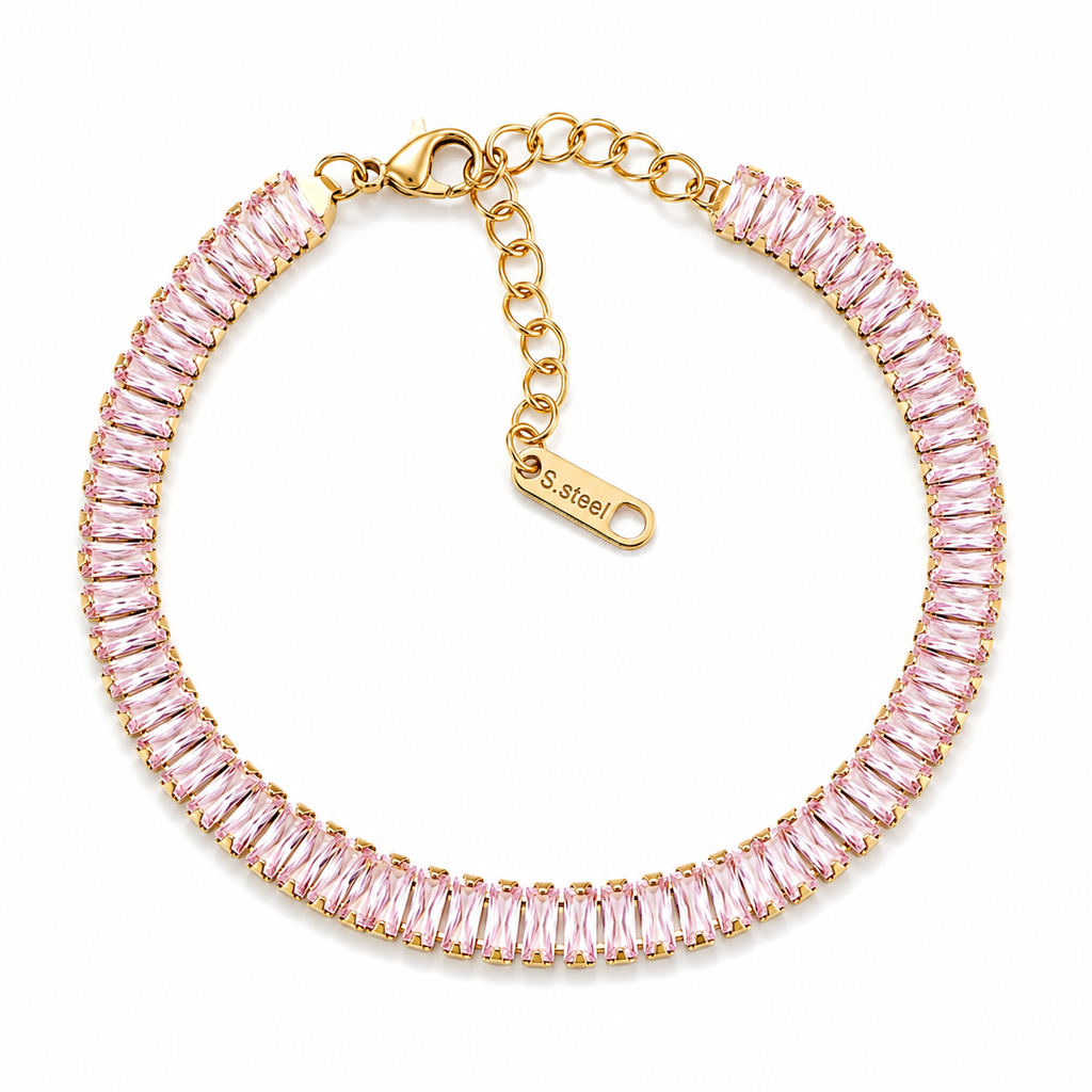 Brățară Tennis pietre dreptunghiulare roz Oțel Inoxidabil 6mm Placat Aur Roz 18K PVD - Hipoalergenică - BF1166