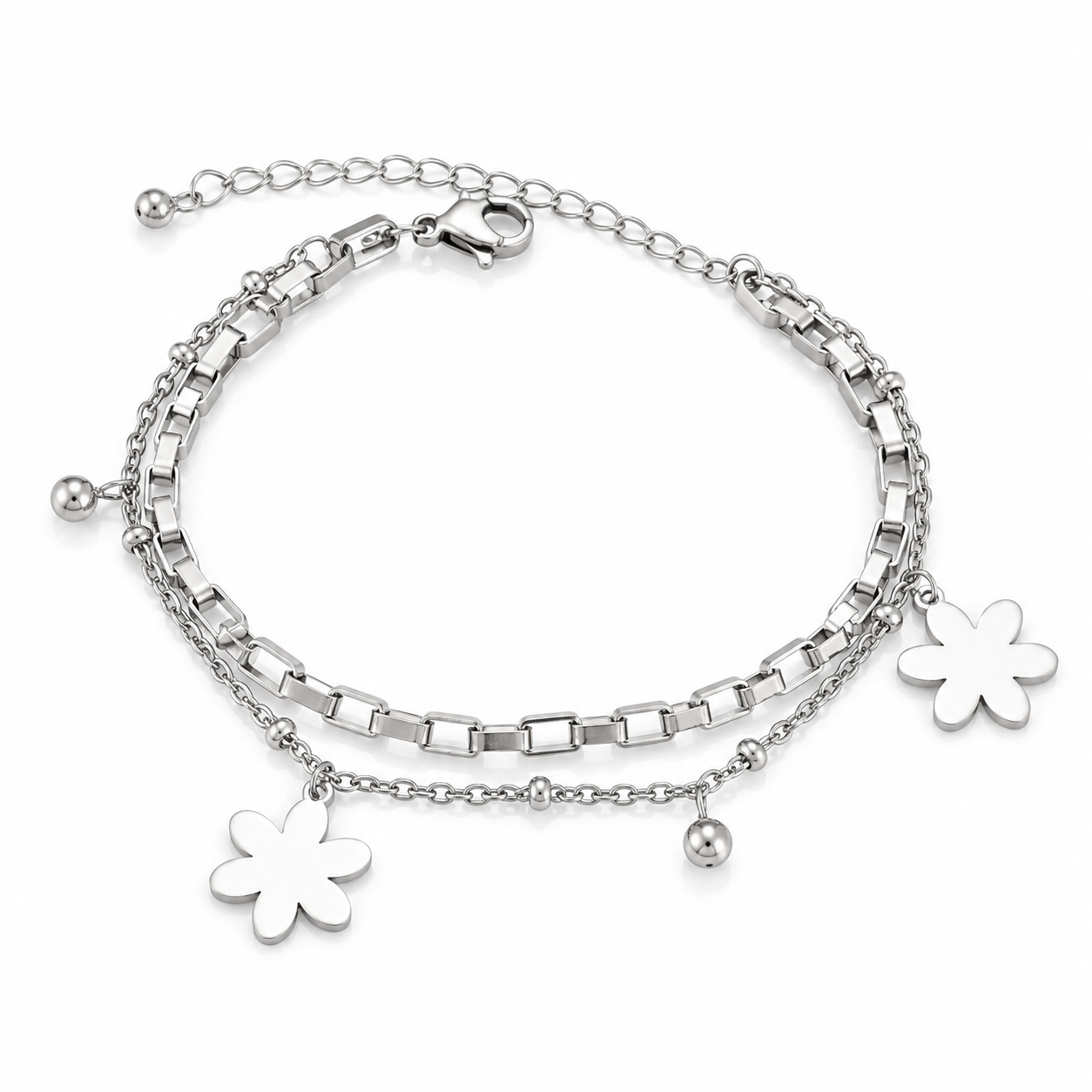 Brățară Multi-Strand Flori și Biluțe Argintii Oțel Inoxidabil 18.5cm - BF834 - Hipoalergenică