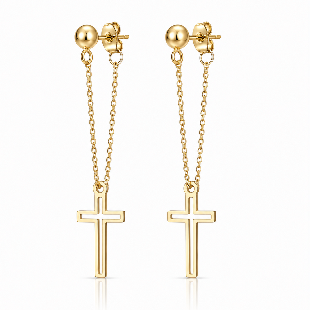 Cercei Cruciulițe Conturate 5 cm Oțel Inoxidabil Placat Aur 18K PVD - Hipoalergenici - CM1354
