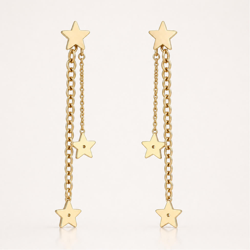 Cercei cu Stele și Lanțuri 6.5 cm Oțel Inoxidabil Placat Aur 18K PVD - Hipoalergenici - CM1463
