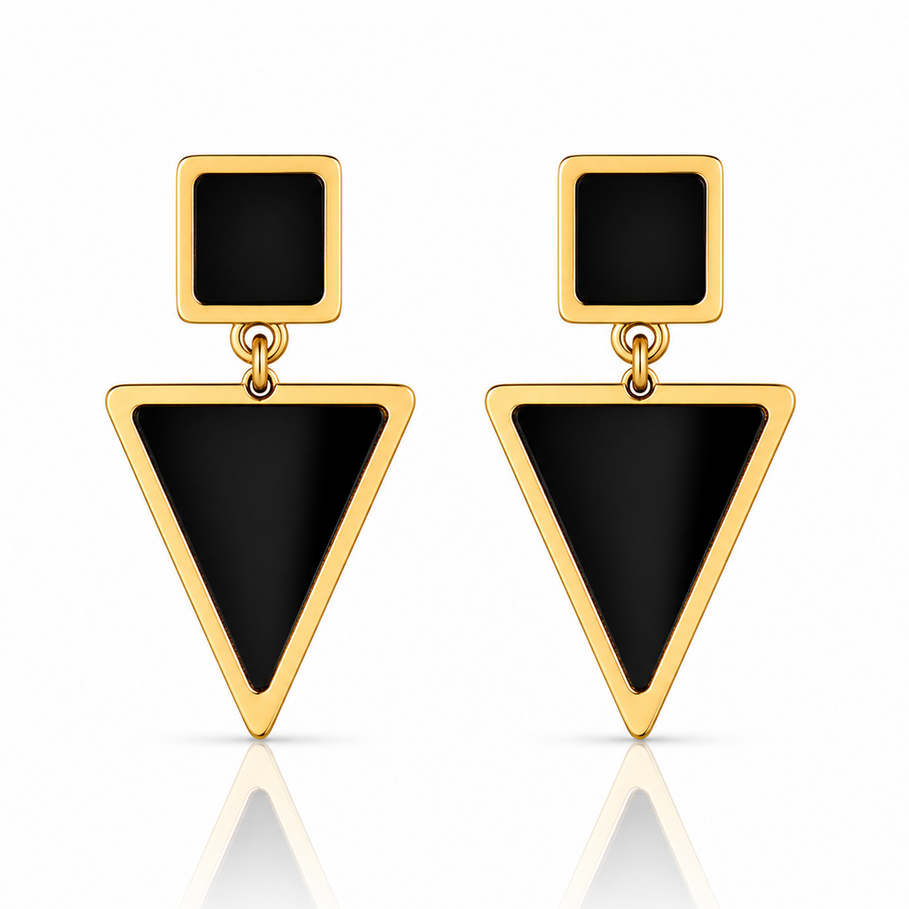 Cercei Statement Geometrici cu Email Negru 4 cm Oțel Inoxidabil Placat Aur 18K PVD - Hipoalergenici - CM1473
