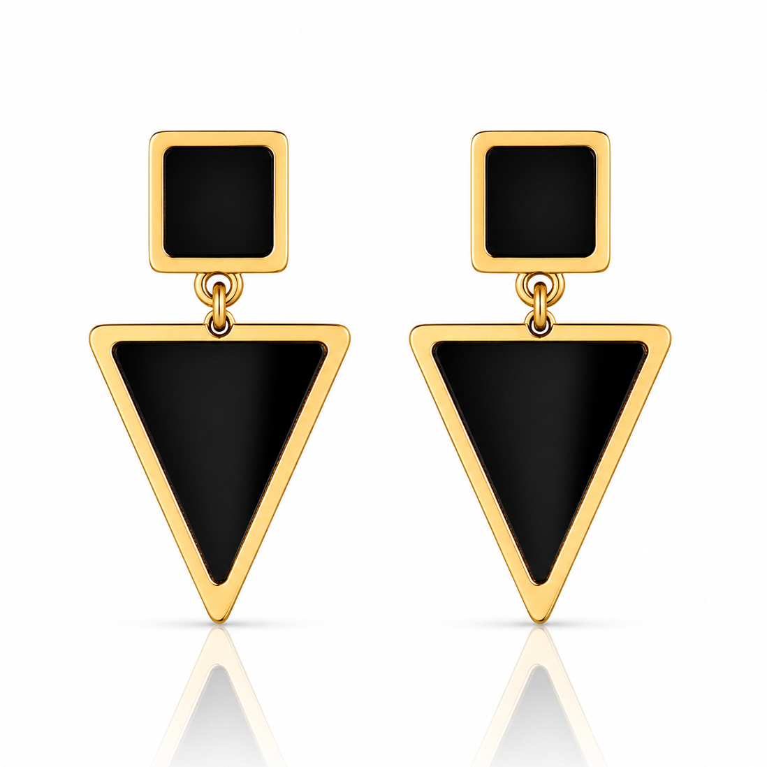 Cercei Statement Geometrici cu Email Negru 4 cm Oțel Inoxidabil Placat Aur 18K PVD - Hipoalergenici - CM1473