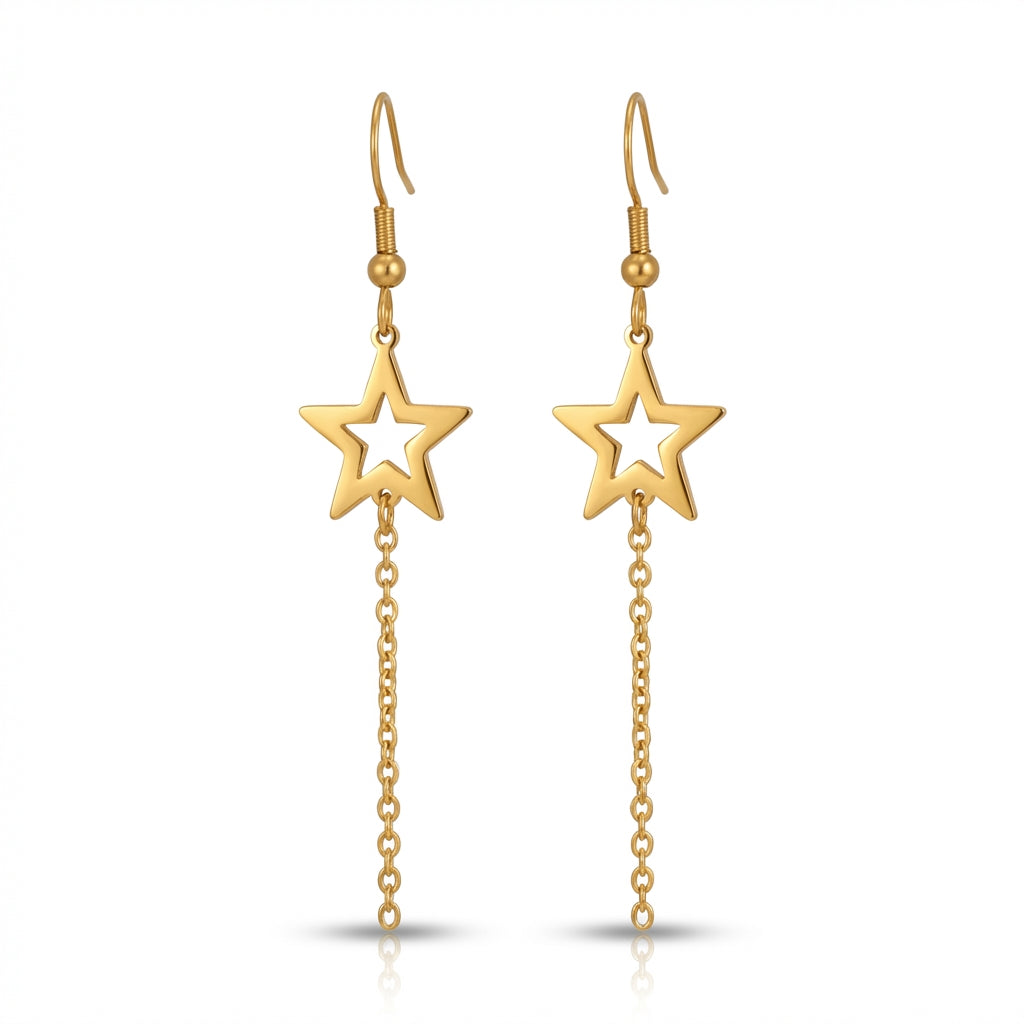 Cercei Stea cu Lanț Oțel Inoxidabil 6 cm Placat Aur 18K PVD - Hipoalergenici - CM1475