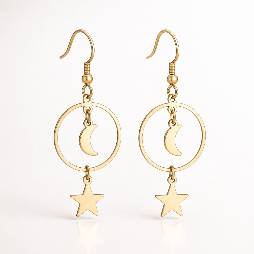Cercei Stea și Lună Oțel Inoxidabil 4.5 cm Placat Aur 18K PVD - Hipoalergenici - CM1484