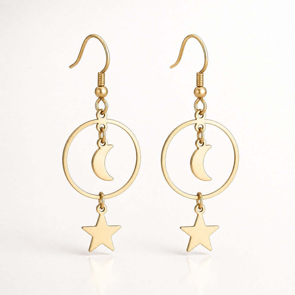 Cercei Stea și Lună Oțel Inoxidabil 4.5 cm Placat Aur 18K PVD - Hipoalergenici - CM1484