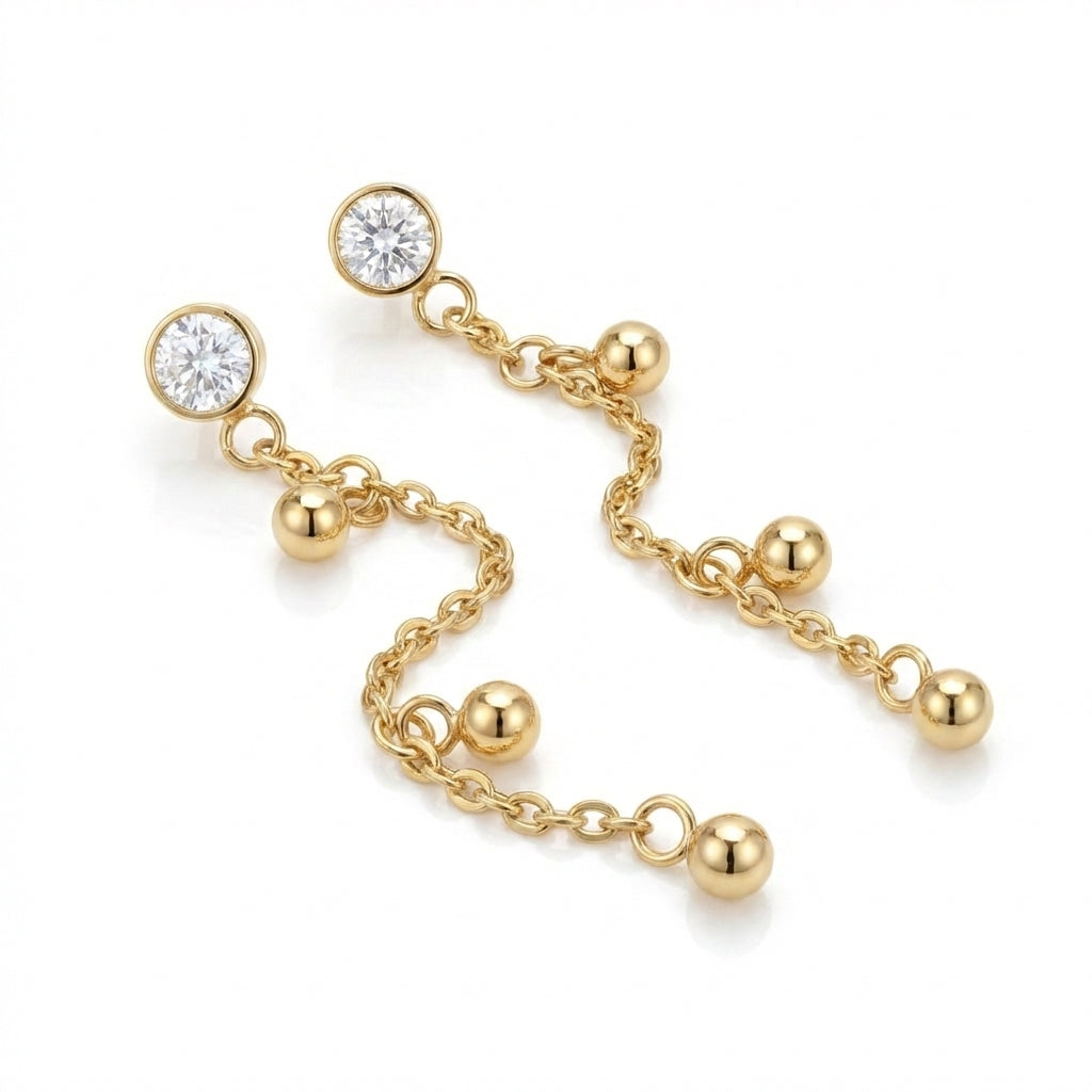 Cercei Pendant cu Zirconiu Cubic, Lanț și Biluțe Inox 4 cm Placat Aur 18K PVD - Hipoalergenici - CM1561