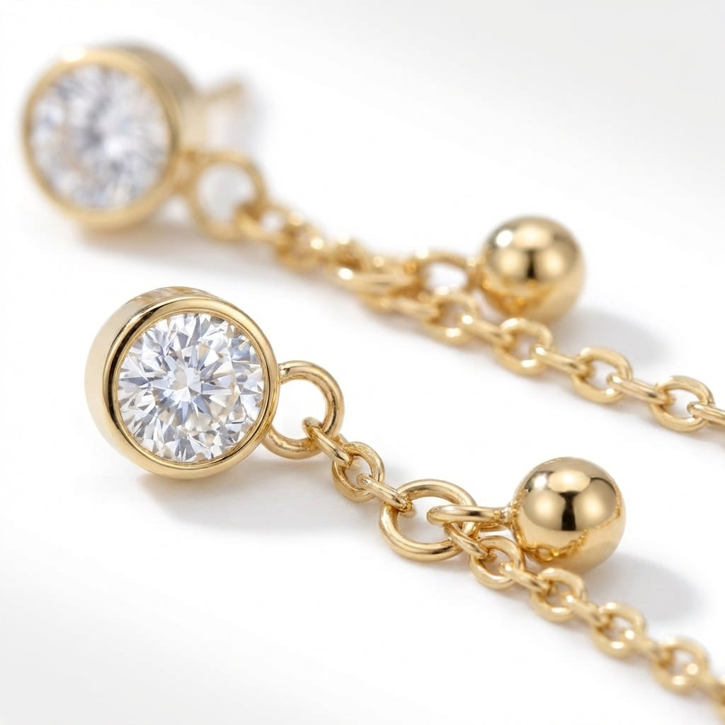 Cercei Pendant cu Zirconiu Cubic, Lanț și Biluțe Inox 4 cm Placat Aur 18K PVD - Hipoalergenici - CM1561