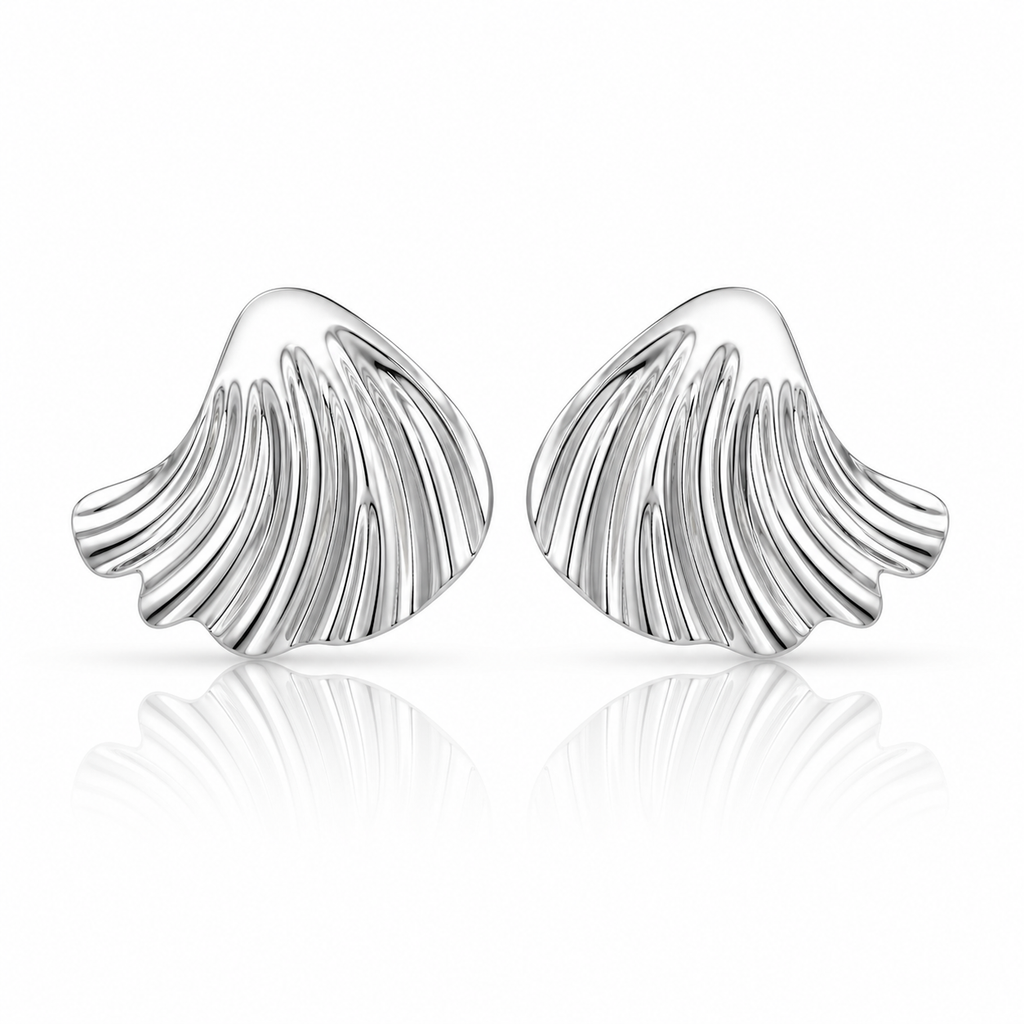 Cercei Stud Scoică Evantai Texturată Argintii Inox 2.5 cm - Hipoalergenici - CM1660