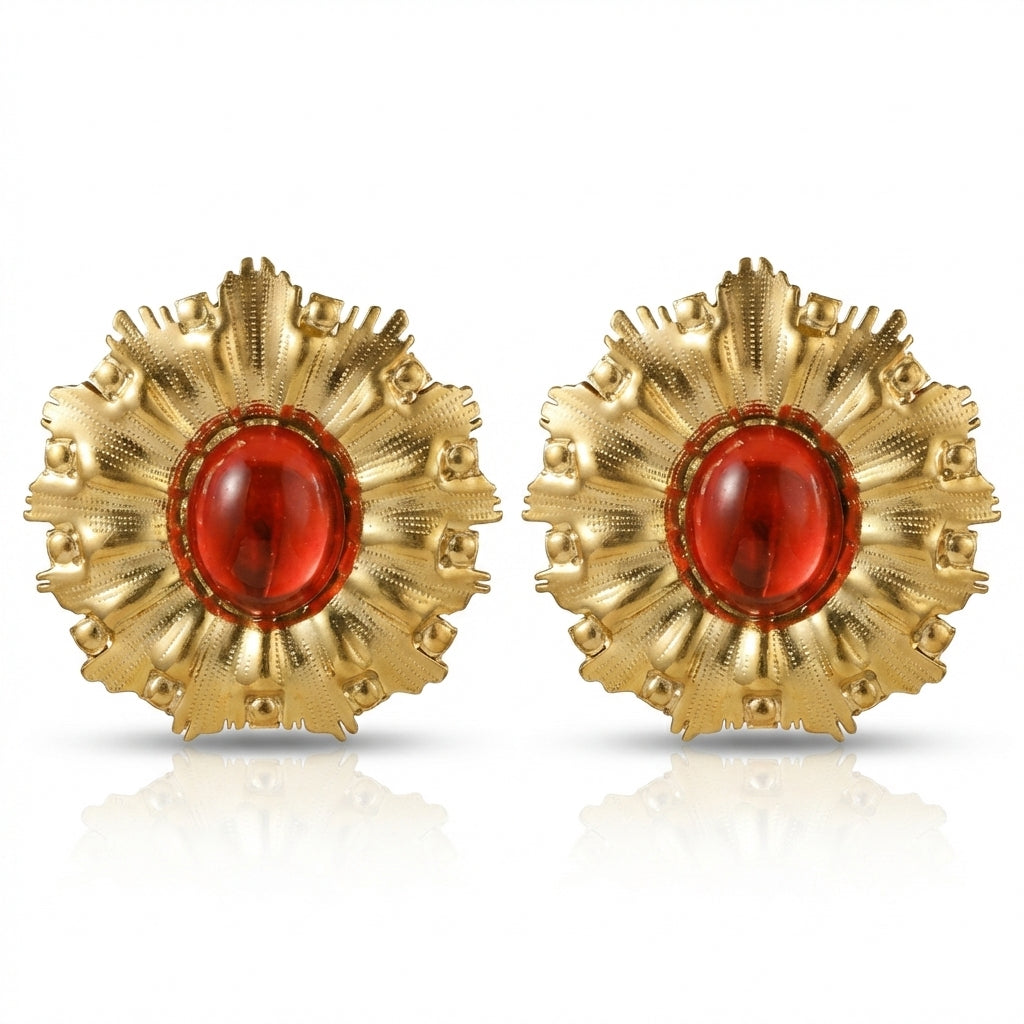 Cercei Design Geometric cu Piatră Roșie Oțel Inoxidabil 3 cm Placat Aur 18K PVD - Hipoalergenici - CM1803