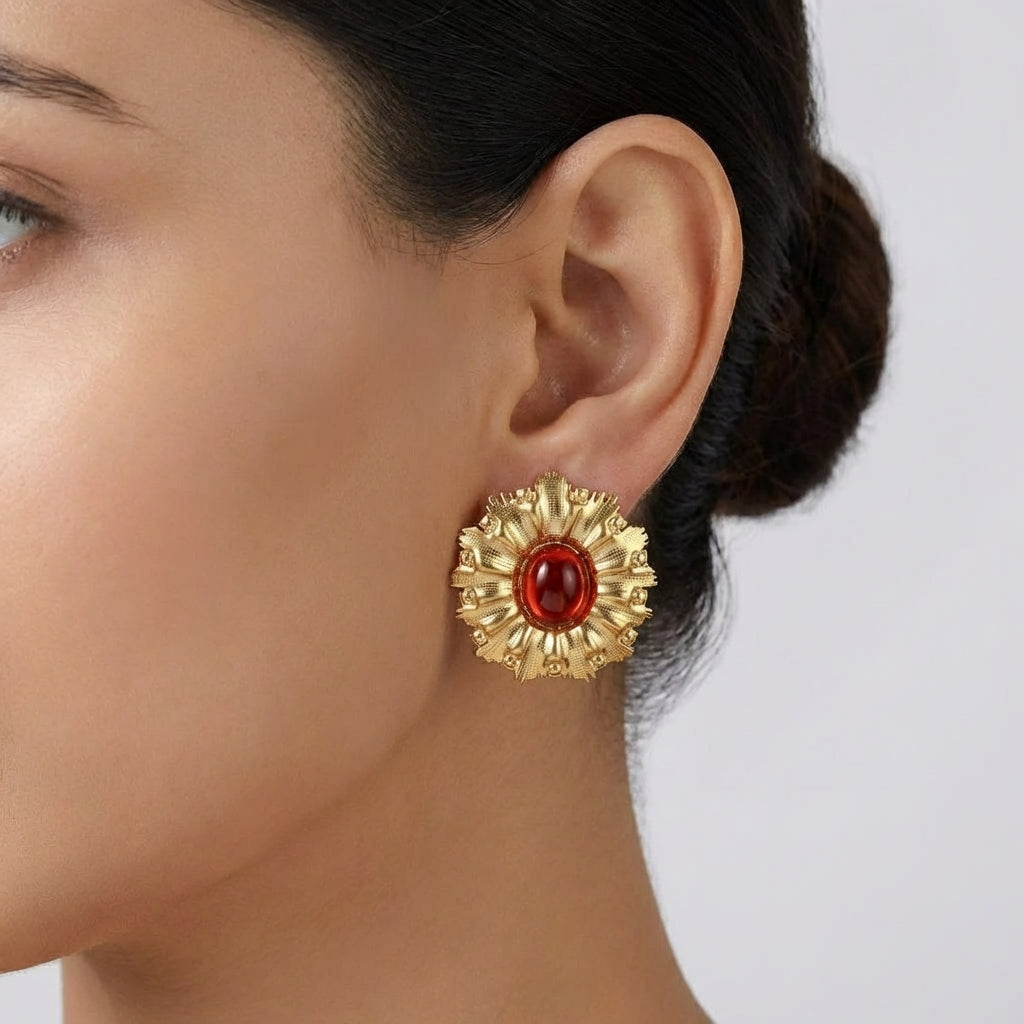 Cercei Design Geometric cu Piatră Roșie Oțel Inoxidabil 3 cm Placat Aur 18K PVD - Hipoalergenici - CM1803