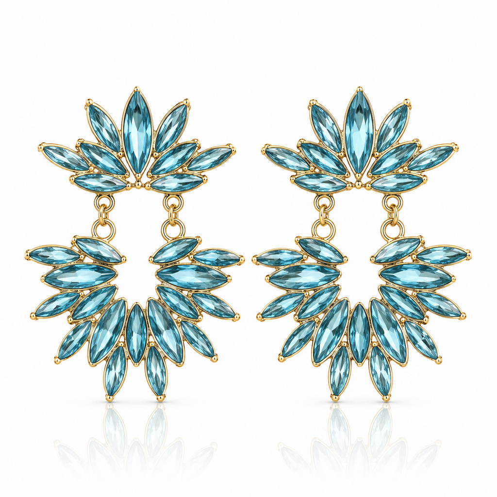 Cercei cu cristale albastre tip frunză Oțel Inoxidabil 6 cm Placat Aur 18K PVD - Hipoalergenici - CM1821