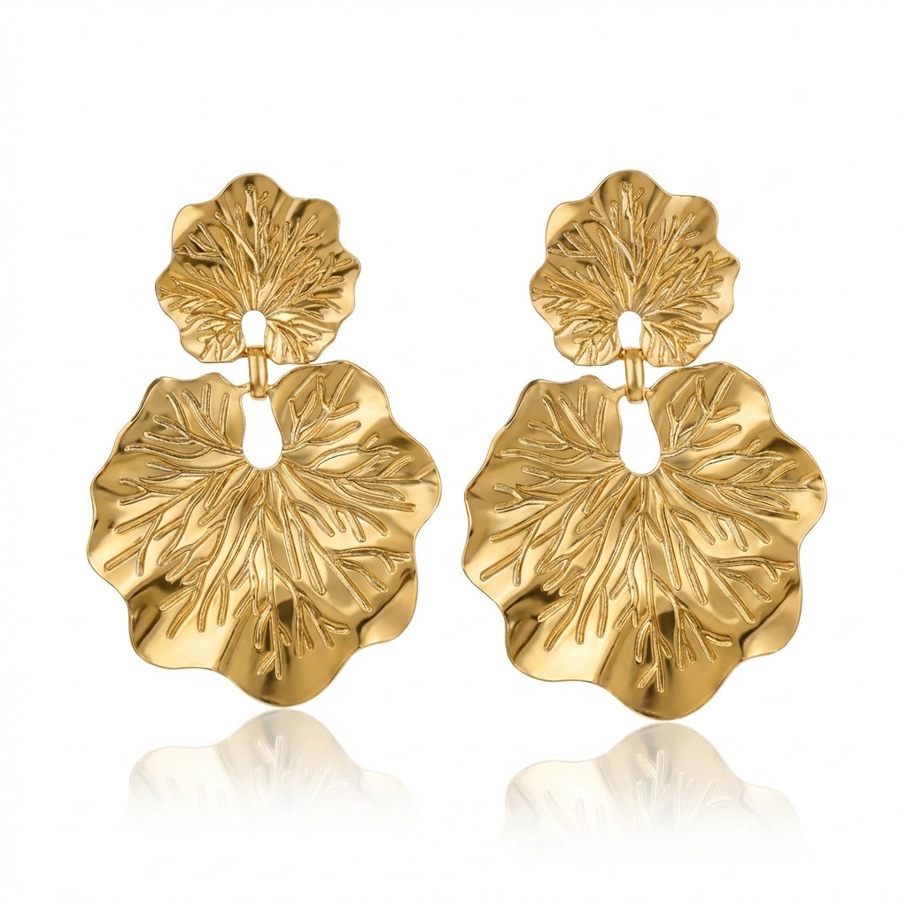 Cercei Frunze Detaliate Oțel Inoxidabil 6.5 cm Placat Aur 18K PVD - Hipoalergenici - CM1832