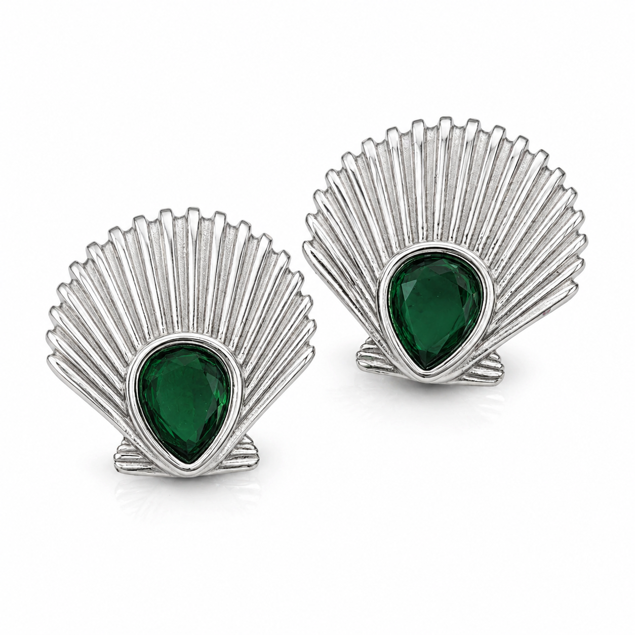 Cercei Scoică cu Piatră Verde Oțel Inoxidabil 2.5 cm - Hipoalergenici - CM1835