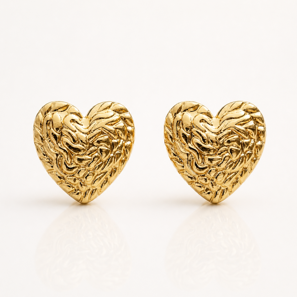 Cercei Inimioară Texturată Oțel Inoxidabil 2.2 cm Placat Aur 18K PVD - Hipoalergenici - CM1868