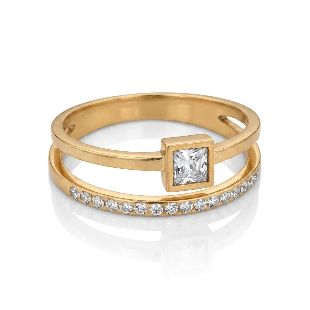Inel de Logodnă Dublu Solitaire Piatră Pătrată Zirconiu Cubic - Hipoalergenic Placat Aur 18K PVD - IND1308