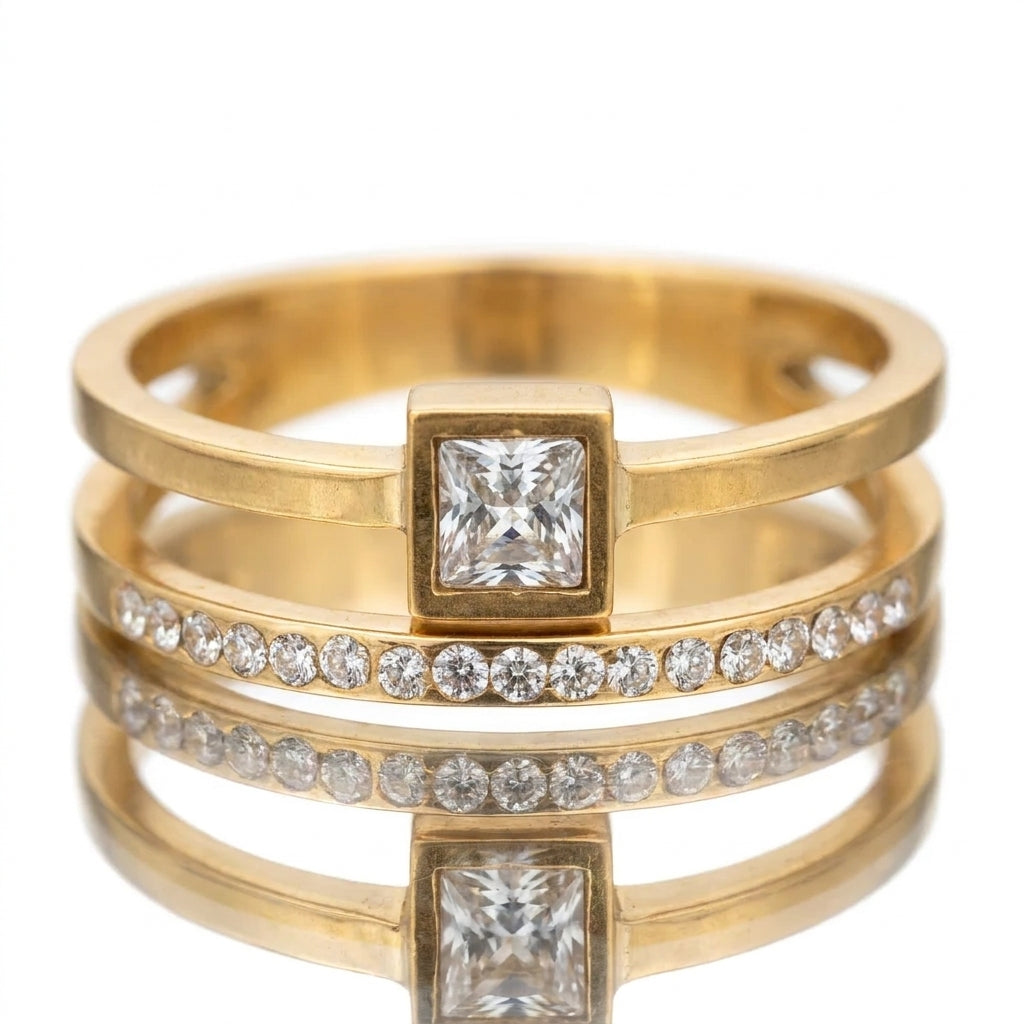 Inel de Logodnă Dublu Solitaire Piatră Pătrată Zirconiu Cubic - Hipoalergenic Placat Aur 18K PVD - IND1308