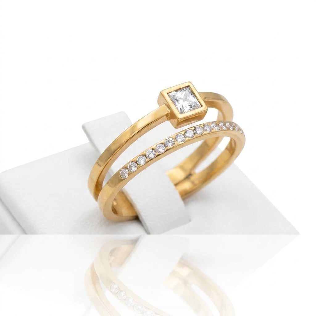 Inel de Logodnă Dublu Solitaire Piatră Pătrată Zirconiu Cubic - Hipoalergenic Placat Aur 18K PVD - IND1308