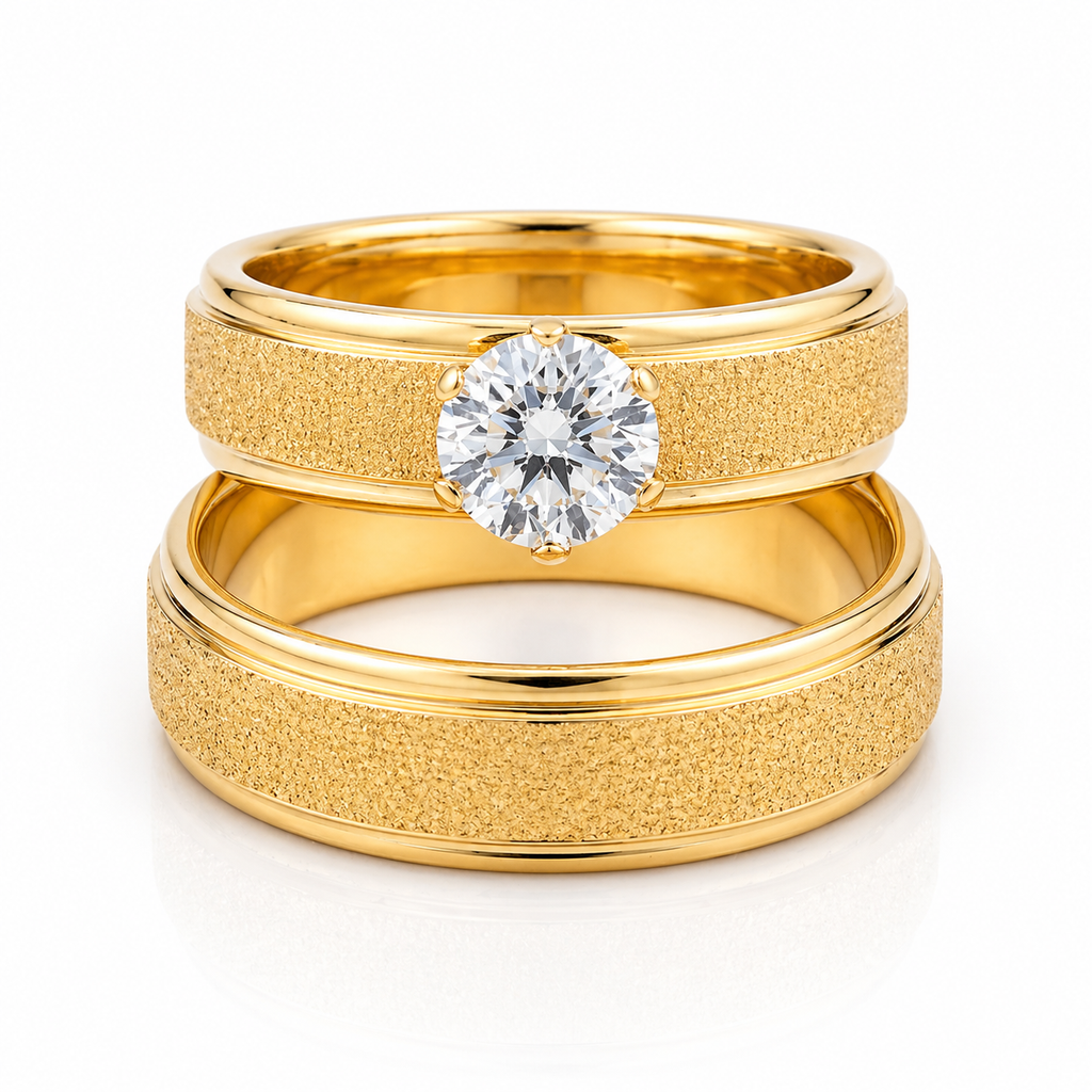 Set Inel de Logodnă + Verighetă Late Texturate cu ZC Inox Placat Aur 18K PVD - Hipoalergenic - IND1481