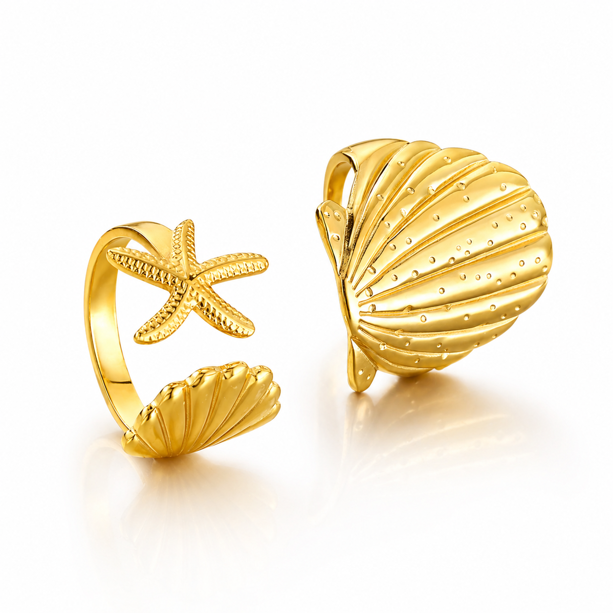 Set 2 Inele Stelă de mare și scoică Oțel Inoxidabil Placat Aur 18K PVD - Hipoalergenic - IND1507