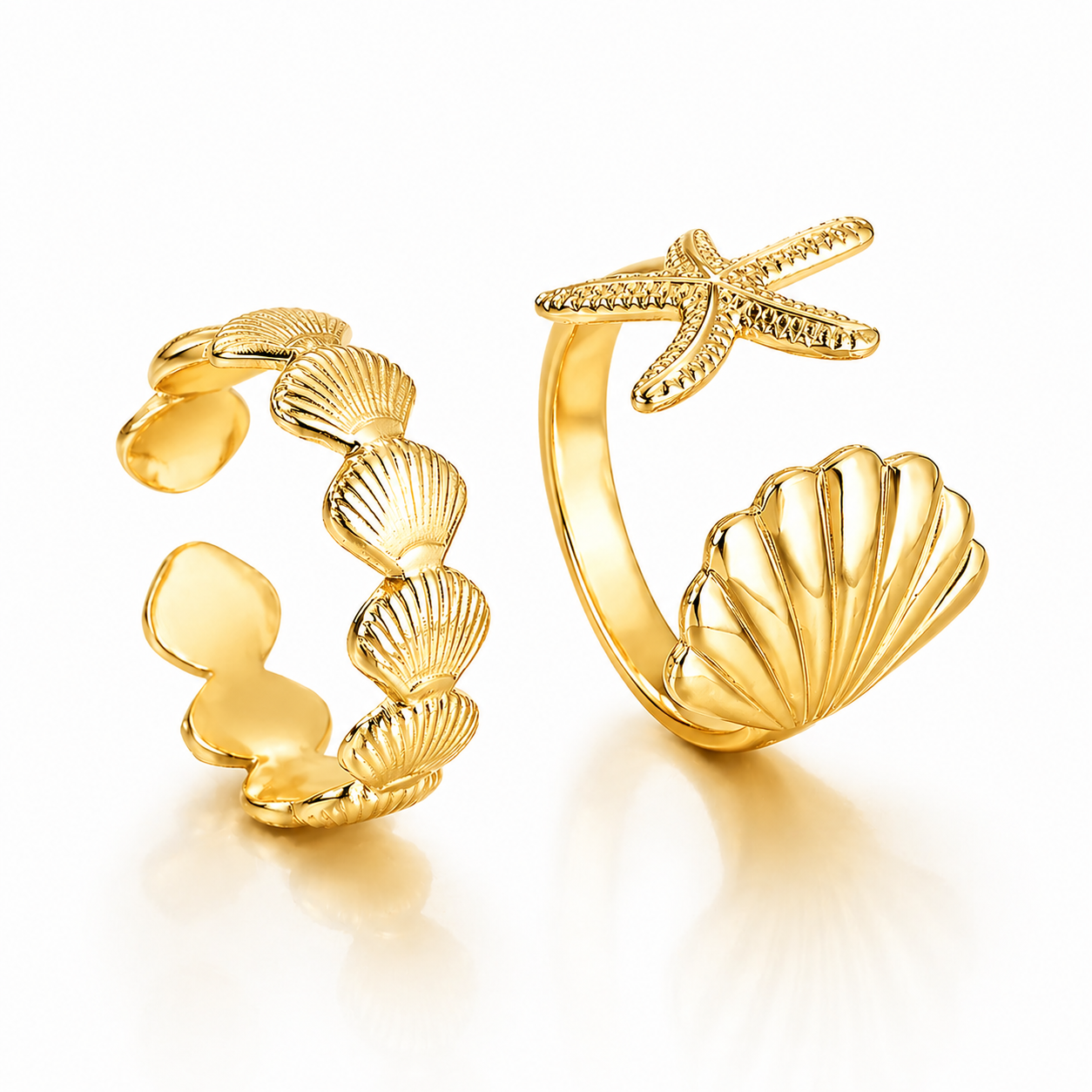 Set 2 Inele Stea de mare și scoici Oțel Inoxidabil Placat Aur 18K PVD - Hipoalergenic - IND1514