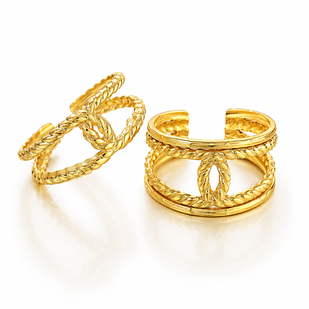 Set 2 Inele Benzi împletite Oțel Inoxidabil Placat Aur 18K PVD - Hipoalergenic - IND1519