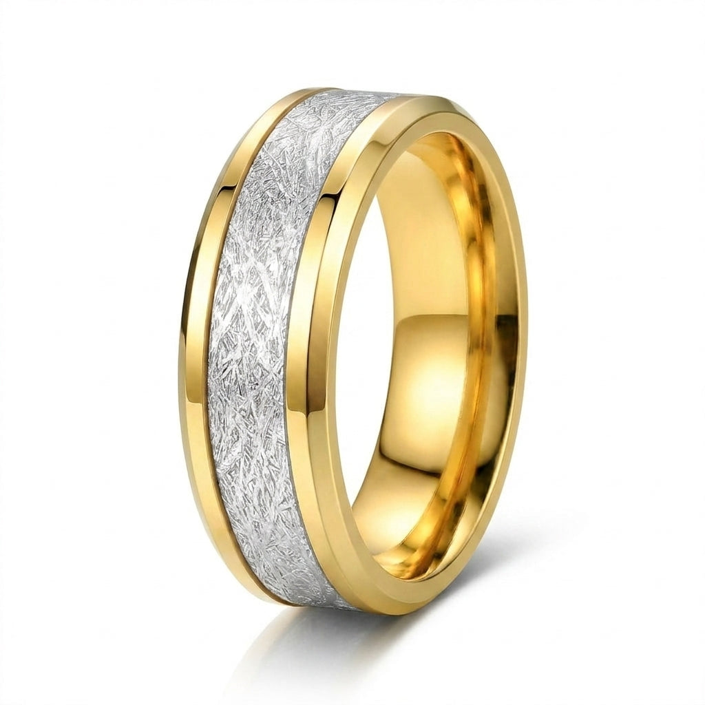 Verighetă Bandă centrală texturată Oțel Inoxidabil Bicolor Placat Aur 18K PVD - Hipoalergenică - IND1553