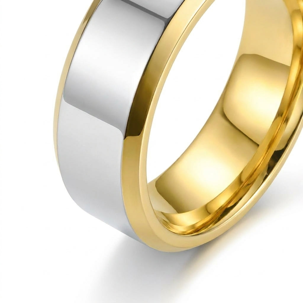 Verighetă Bandă centrală argintie lucioasă Inox Bicolor Placat Aur 18K PVD - Hipoalergenică - IND1555