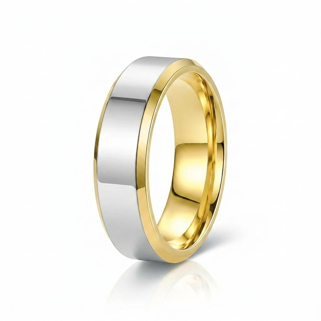 Verighetă Bandă centrală argintie lucioasă Inox Bicolor Placat Aur 18K PVD - Hipoalergenică - IND1555