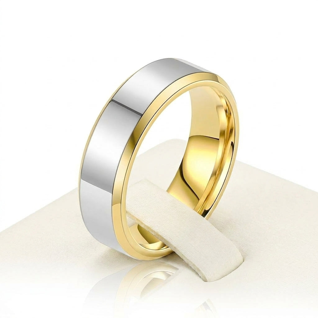 Verighetă Bandă centrală argintie lucioasă Inox Bicolor Placat Aur 18K PVD - Hipoalergenică - IND1555