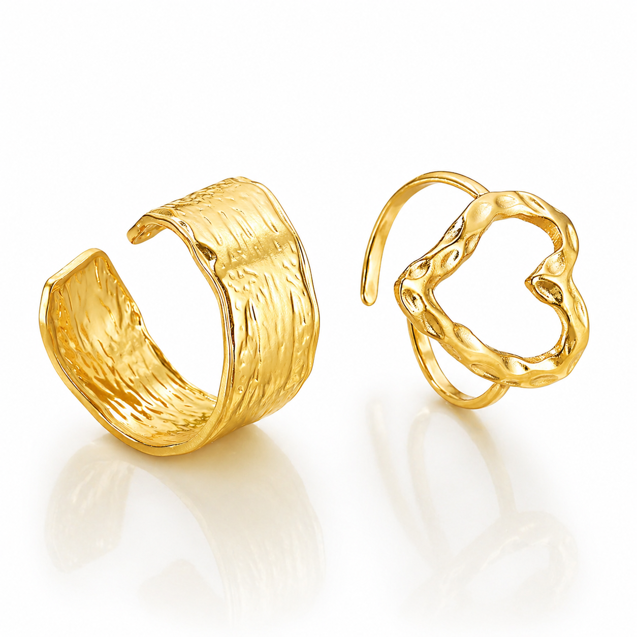 Set 2 Inele Inimă deschisă texturată Oțel Inoxidabil Placat Aur 18K PVD - Hipoalergenic - IND1561