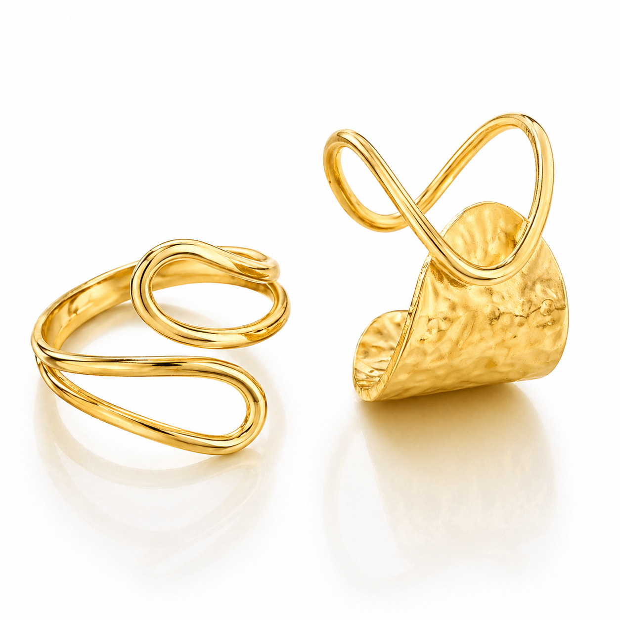 Set 2 Inele Placă ciocănită bucle Oțel Inoxidabil Placat Aur 18K PVD - Hipoalergenic - IND1573