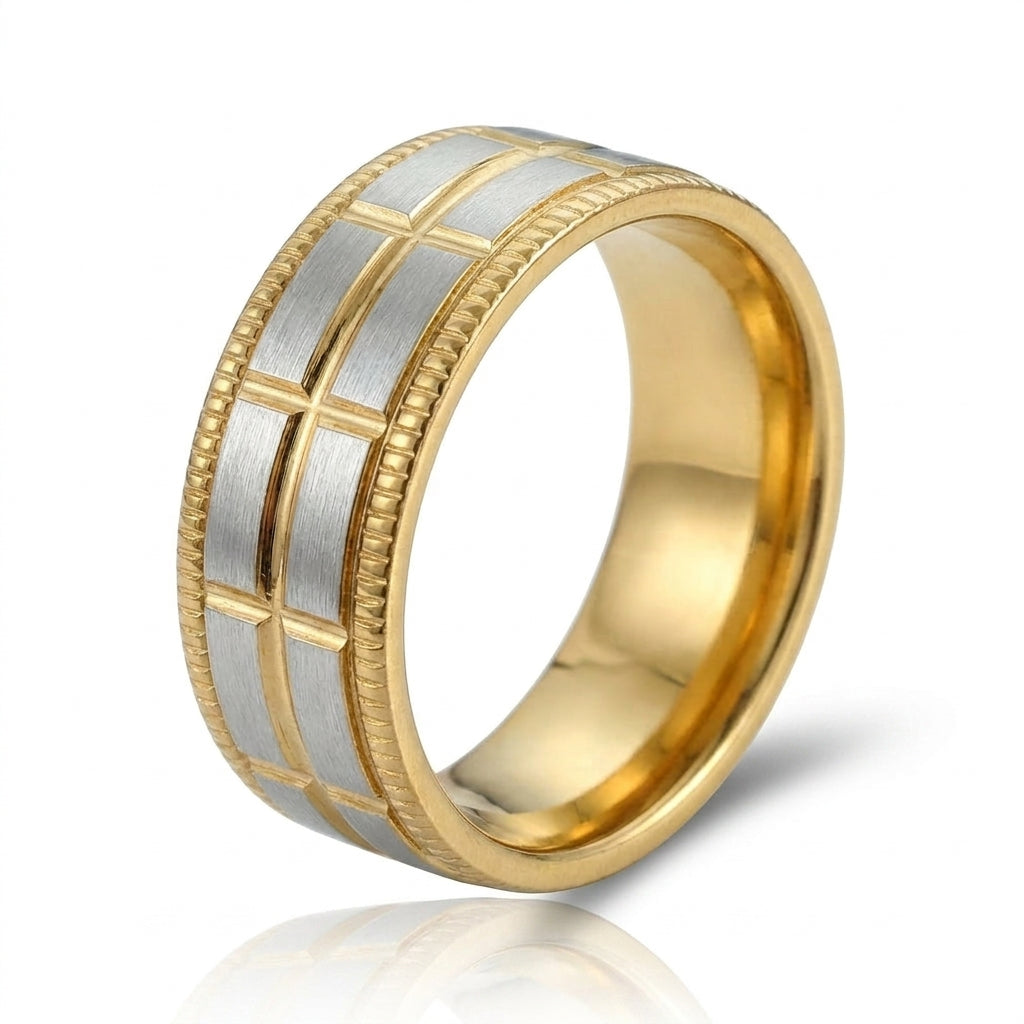 Verighetă Model carouri bicolore Oțel Inoxidabil Bicolor Placat Aur 18K PVD - Hipoalergenică - IND1816