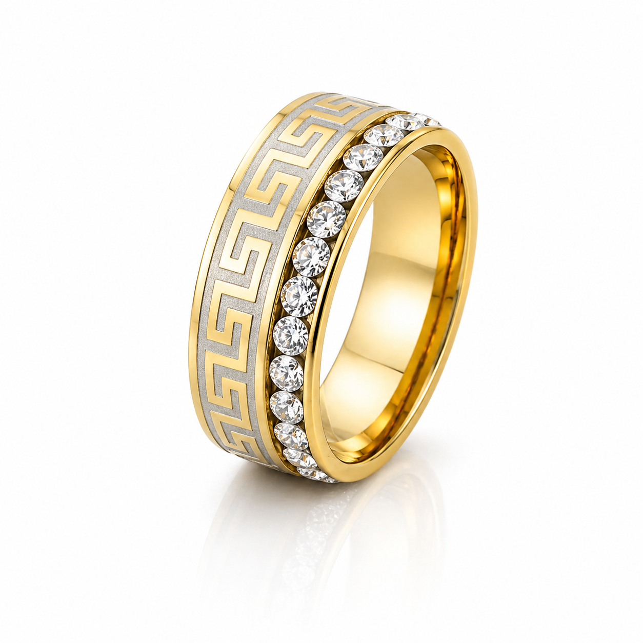 Inel Model meandru grecesc, pietre cu Zirconiu Cubic Inox Bicolor Placat Aur 18K PVD - Hipoalergenic - IND1823