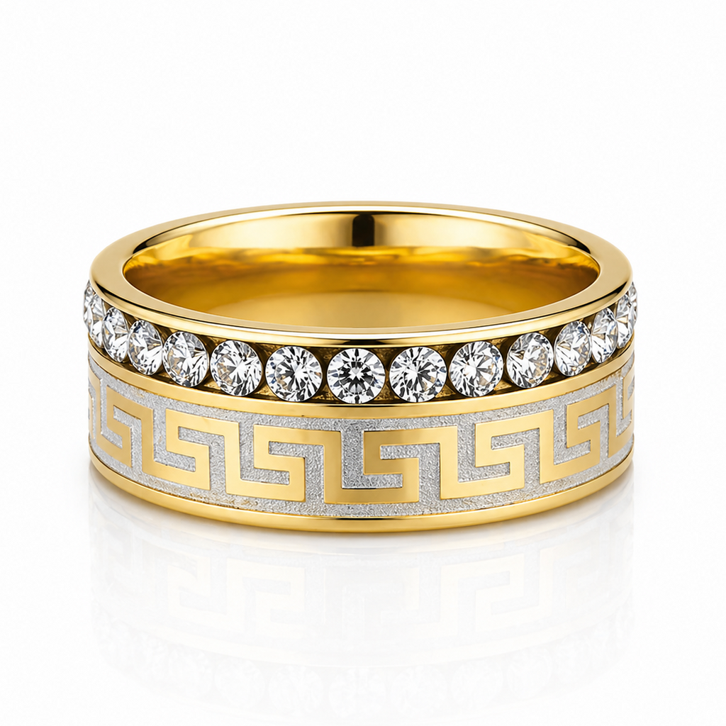 Inel Model meandru grecesc, pietre cu Zirconiu Cubic Inox Bicolor Placat Aur 18K PVD - Hipoalergenic - IND1823